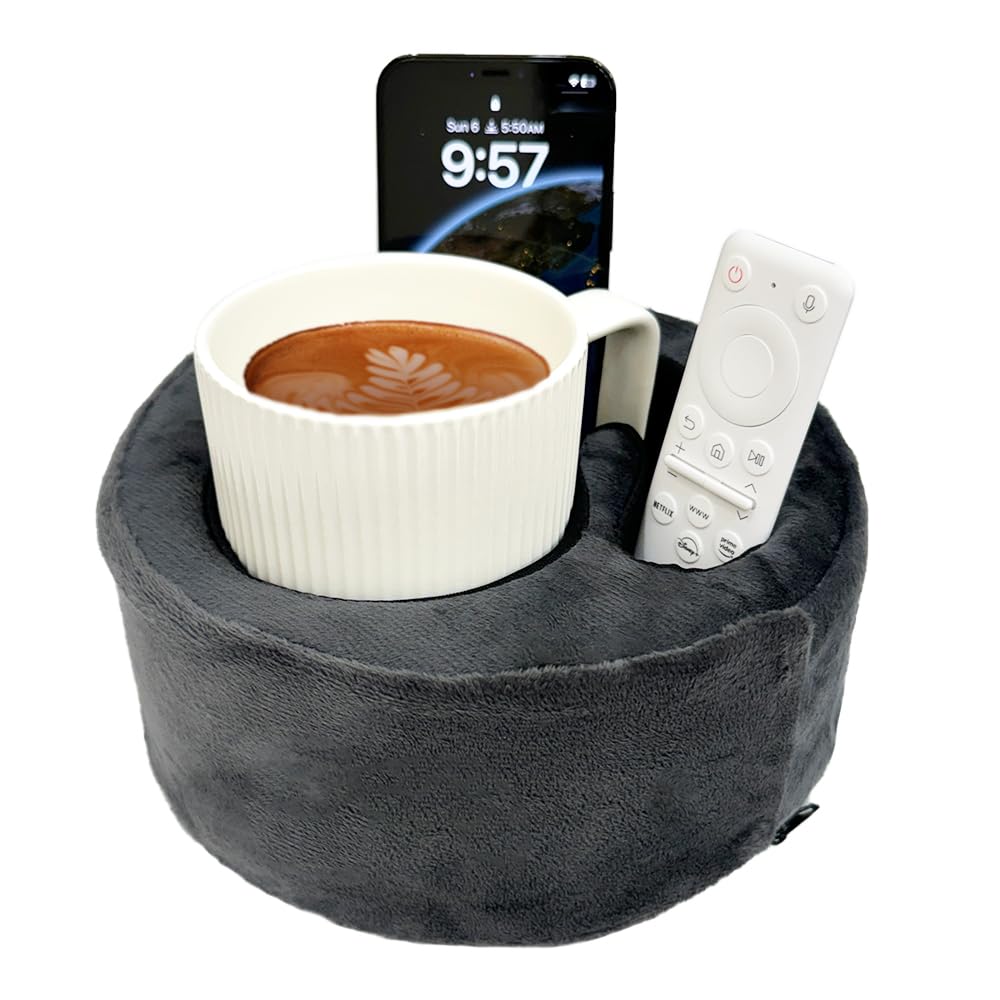 Xchouxer Couch Cup Holder Pillow, Sofa and Bed Organizer Caddy for Drinks, Remotes, Phones (Gray)