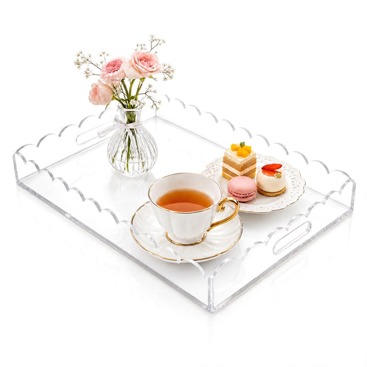 DUNPUTE Scalloped Clear Acrylic Tray with Handles, 15 x 10 Inch Decorative Serving Tray for Coffee Table, Ottoman and Vanity, Perfume Tray for Bathroom Vanity, Kitchen Counter and Home Decor