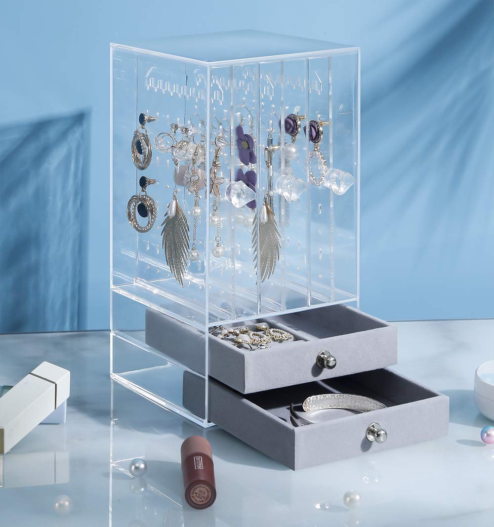 Sooyee Acrylic Earring Holder and Jewelry Organizer with 5 Drawers, Dustproof Jewelry Stand Rack Display for Necklaces Bracelet Earrings and Ring, Clear