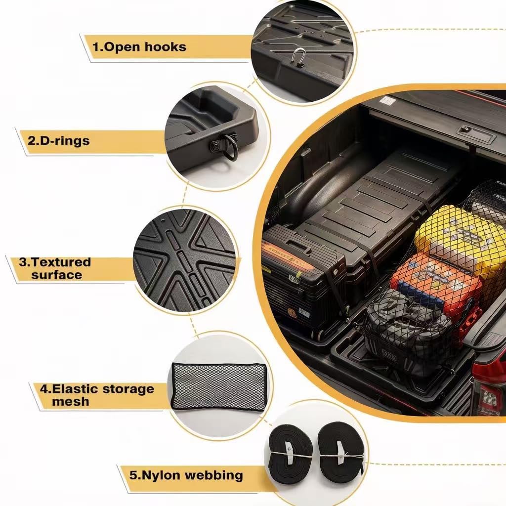 KOKSHELY Slide-Out Truck Bed Tray, 61.72" Lx 46.25" W Size Truck Bed Organizer Tray for 5’7’’+ Long Beds, Sliding Truck Cargo Tray Fits Most Full-Size Pickups, with Elastic Cargo Net & Open Hooks