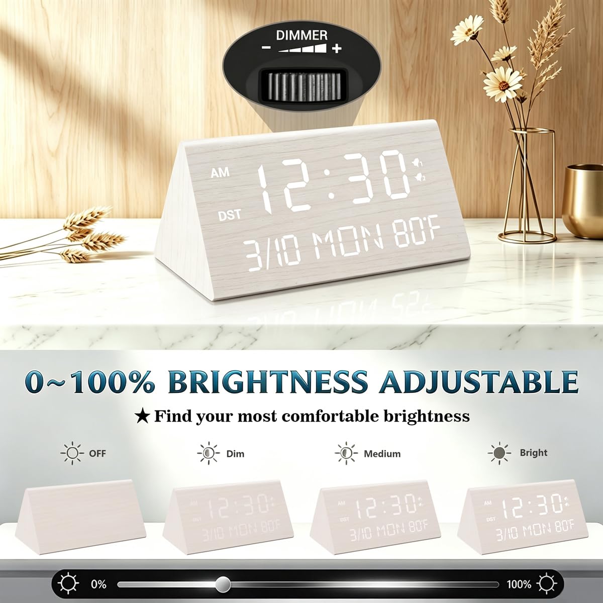 Kogonee Wooden Digital Alarm Clock, 0-100% Dimmer, 2 Alarm Settings, Weekday/Everyday Mode, 9 Mins Snooze, 12/24H, Temperature and Date Display for Office, Travel, Bedroom Alarm Clock (White)