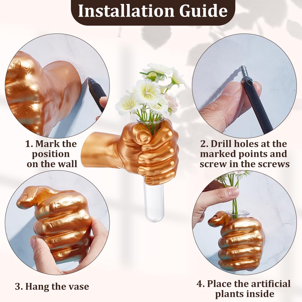 AHANDMAKER 2Pcs Wall Sculptures Golden Hand Vases Home Decor Wall Mount Art Sculpture Funky Flower Vase with Test Tube for Unique Decoration in Living Rooms, Entrance and Room