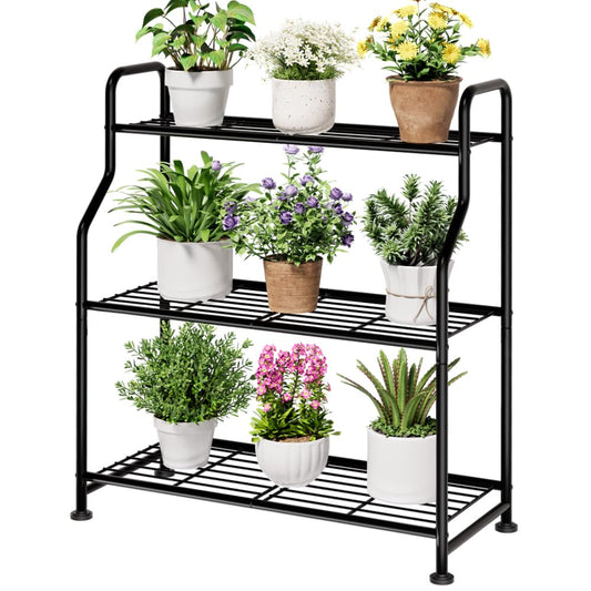 Kitsure Plant Stand Indoor & Outdoor - 3-Tier Metal Plant Shelf with Adjustable Leveling Feet, Easy to Assemble Planter Stand for Patio, Balcony, or Garden (Black, 27" x 11.4" x 29.3")