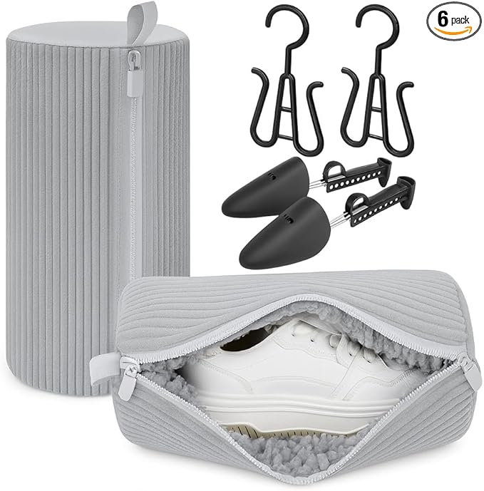 shoe washing machine bag & Drying Set – 2 Reinforced Wash Bags + 2 Dry Hooks + 2 Shoe Shapers for Sneakers & Sports Shoes | Washer & Dryer Safe (6PCS, Gray Bags)