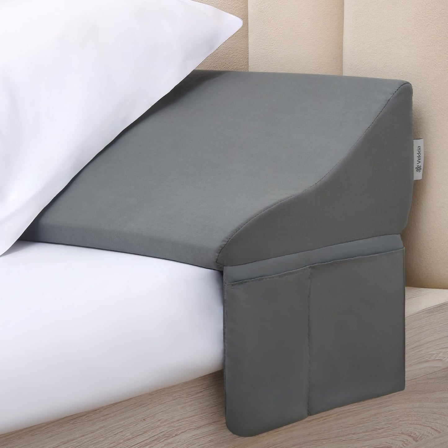 Vekkia King Bed Wedge Pillow for Headboard Gap – 0–6" Bed Gap Filler with Firm Foam Support & Extra-Large Pockets – Prevents Lost Pillows, Phones & Small Items (Gray)