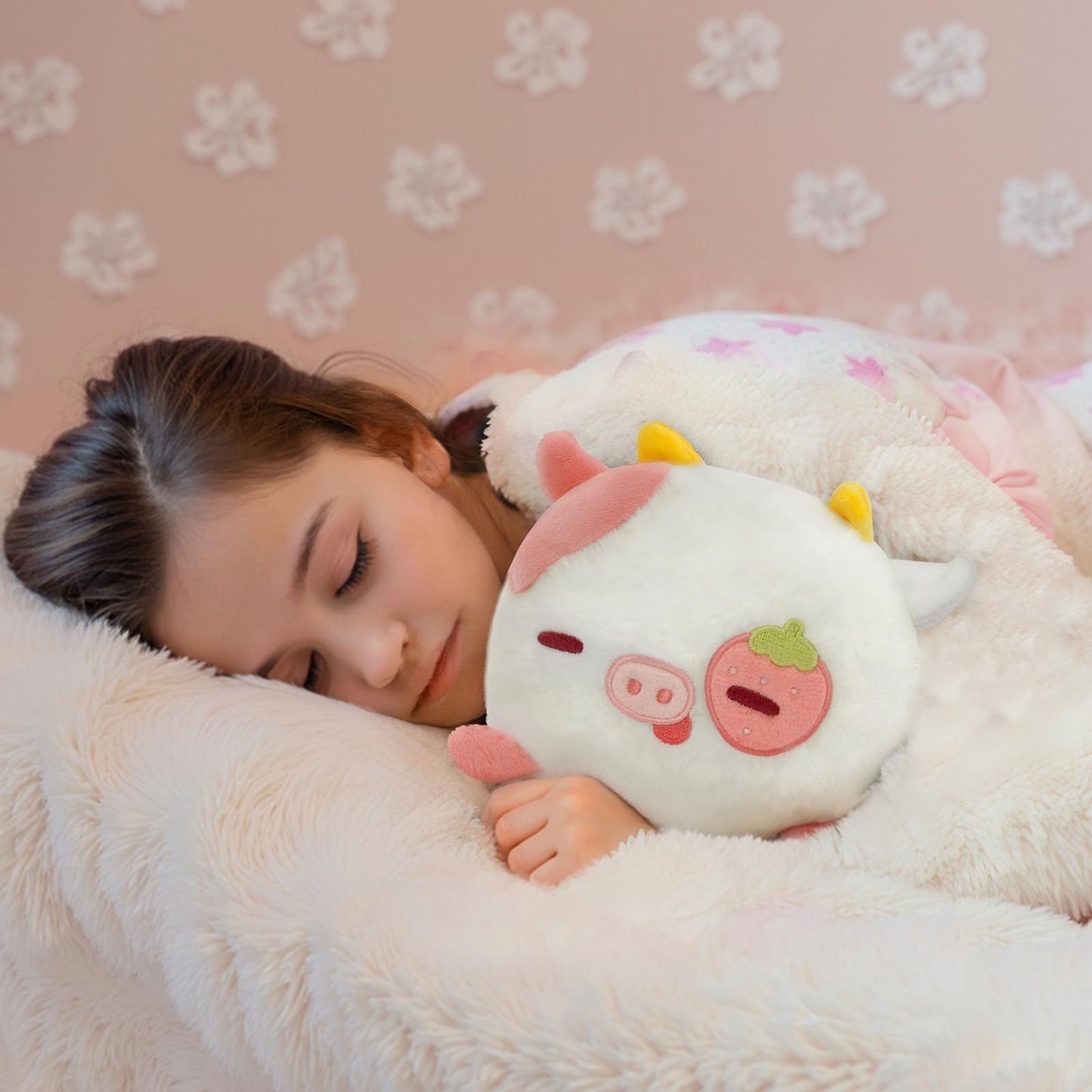 Mewaii Strawberry Cow Plush Pillow, Kawaii Cow Stuffed Animals, Cute Plushies for Girls, Soft Pink Cow Plush, Birthday Gifts for Kids Adults Teens (8 Inch)