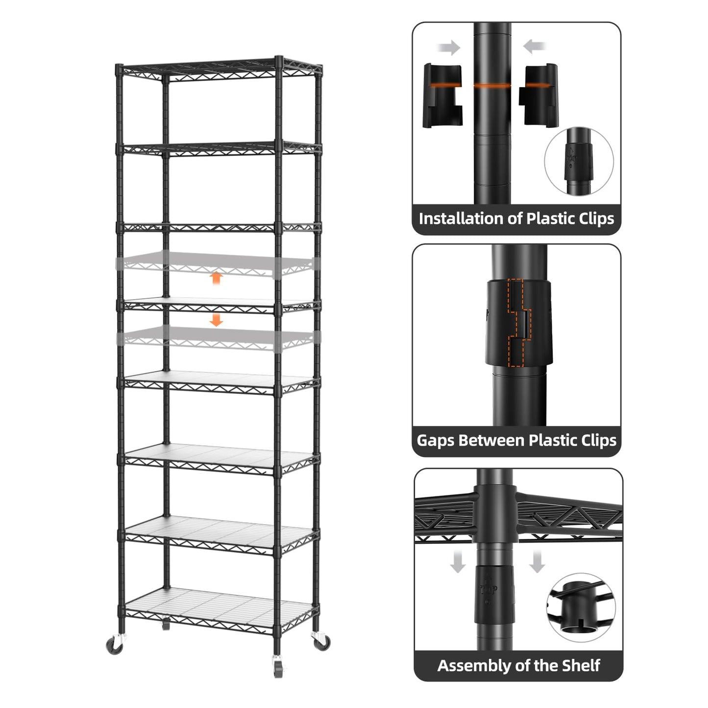 SINGAYE 8 Tier Shelf Organizer Storage Metal Shelves Garage Wire Shelving Unit Pantry Rack Adjustable Standing Storage for Kitchen Closet Laundry Bathroom Pantry 12" D x 22" W x 74" H Black