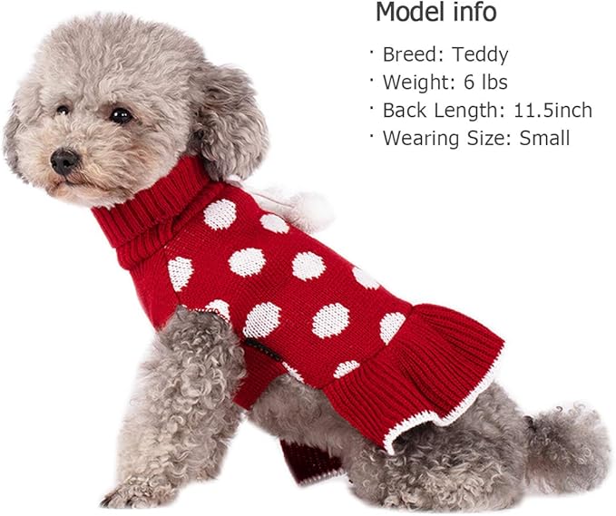KYEESE Dog Sweater Dress with Leash Hole Turtleneck Dog Sweaters for Girl Medium Dogs Polka Dot Knit Pullover Warm Pet Sweater for Fall Winter