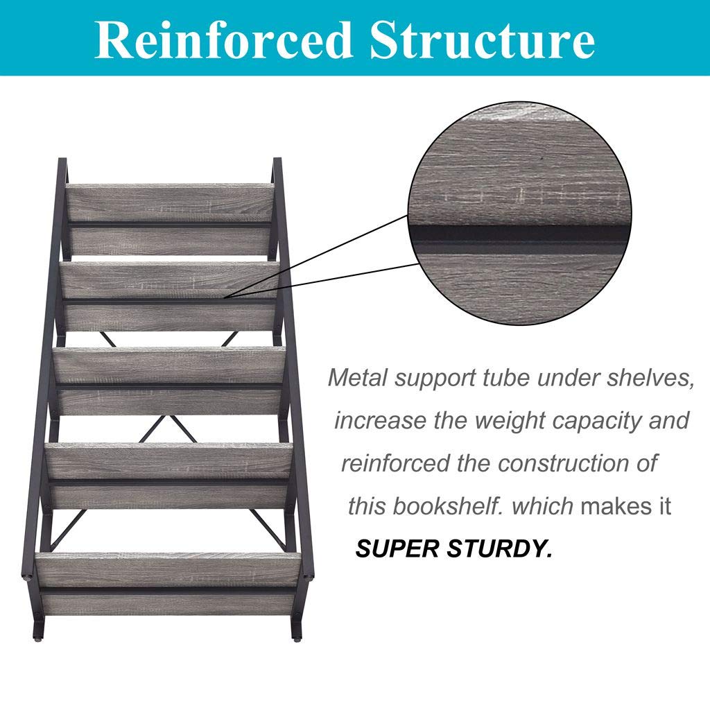Industrial Bookshelf, Etagere Bookcases and Book Shelf 5 Tier Shelves, Grey Wood and Metal Shelving Unit (Dark Gray Oak)