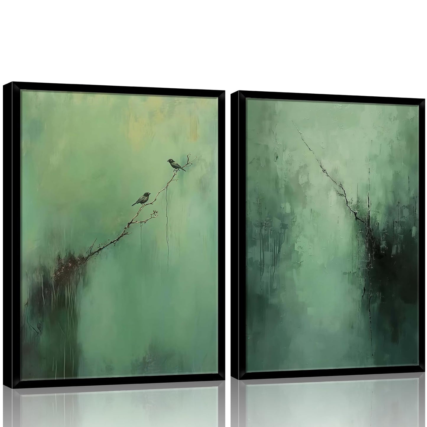 Abstract Dark Green Canvas Wall Art Modern Texture Painting with Wood Frame Wabi Sabi Zen Poster Minimalist Birds Picture Print Living Room Bedroom Office Ready To Hang 12x16 Inch