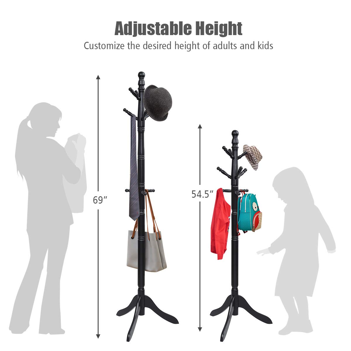 Tangkula Wood Coat Rack Freestanding, Entryway Height Adjustable Coat Stand with 9 Hooks & Stable Tri-Legged Base, Rubber Wood Coat Tree Hall Tree Coat Hanger Stand for Home Office Hall Entryway