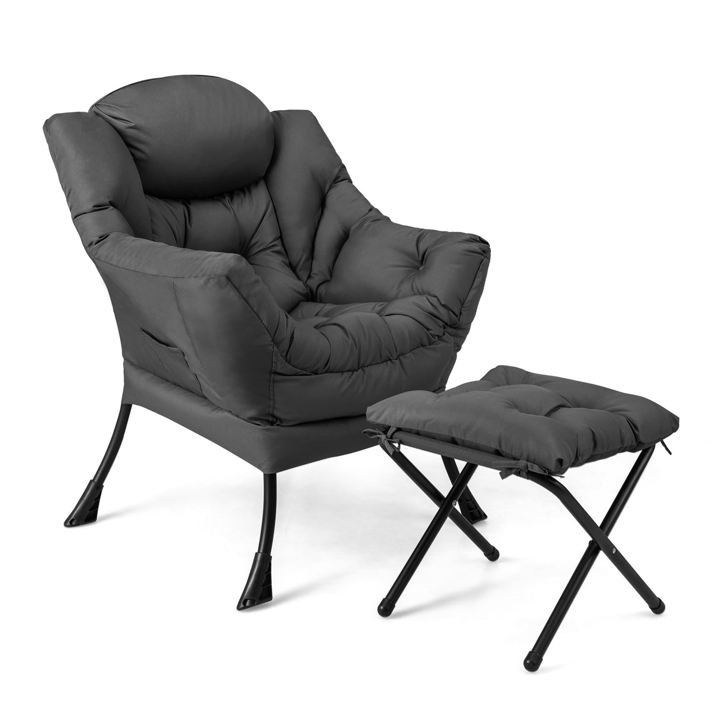 GOFLAME Lazy Chair with Ottoman, Modern Large Accent Chair with Folding Footrest, Head Pillow, Armrests and Side Storage Pocket, Upholstered Reading Chair for Living Room, Bedroom, Office, Grey