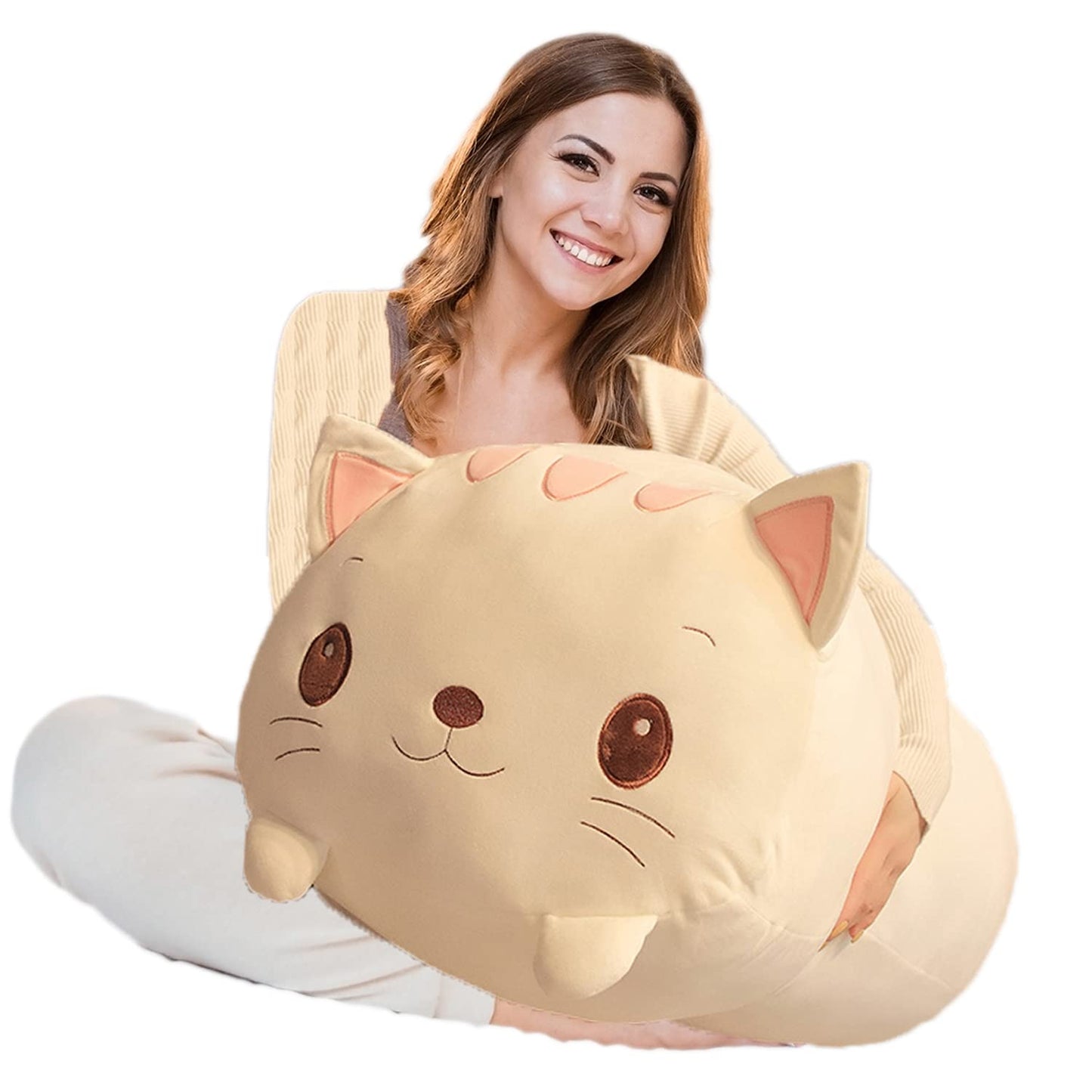 hitoshe Cat Plush Pillow, Soft White Cat Stuffed Animal Toy Cylindrical Body Pillow Gifts for Kids, 33.5"