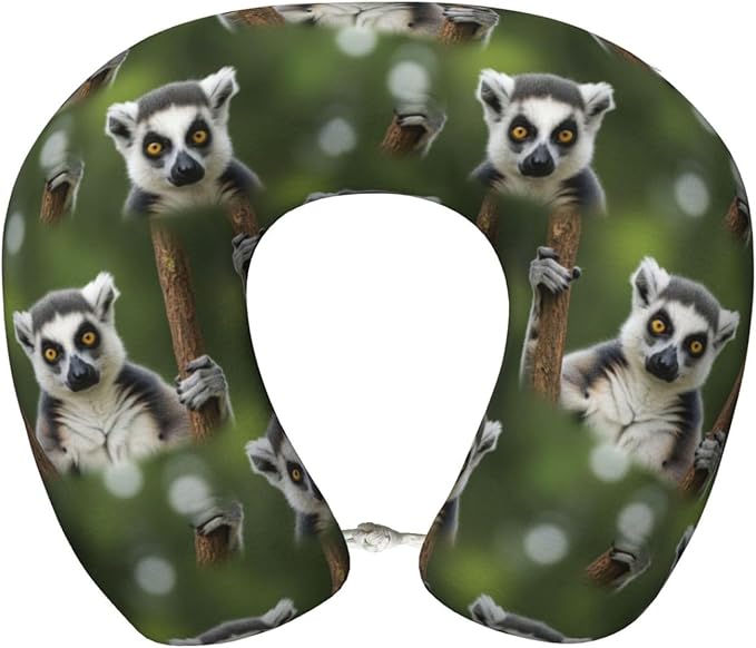 Comfortable Memory Foam Neck Pillow Lemur, Travel U Shaped Airplane/Car/Flight Pillows with Removable Zipper Cover, Chin Head Neck Support Cushion