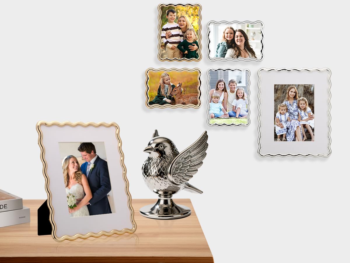 GorYeeFine 4x6'' Silver Heavy Duty Photo Frame,Wave Design High-End Zinc Alloy Picture Frames 6x4'',Fashionable Style frame with Velvet Back for Desktop and Wall Hanging.