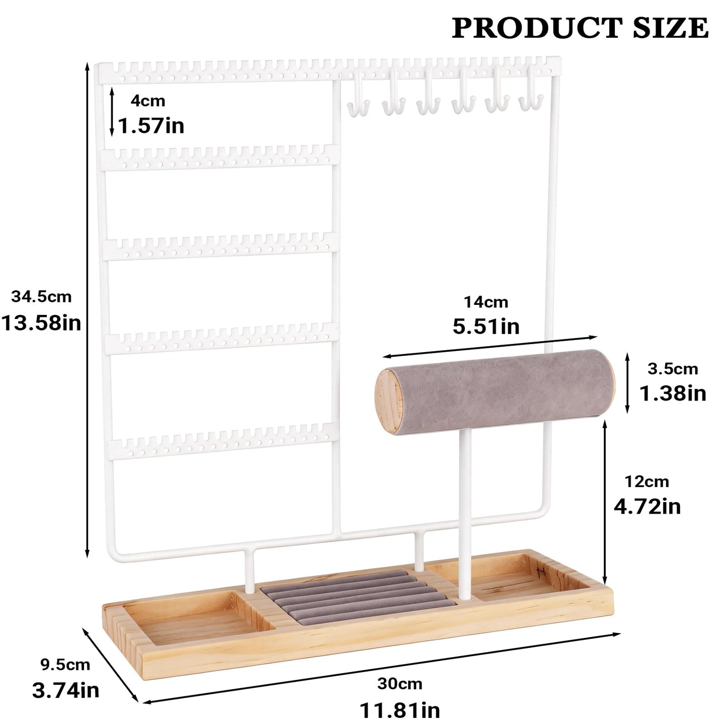 Ciormis Jewelry Stand Holder, 5 Tier Earring Holder Organizer with 72 Holes and 12 Hooks Jewelry Tower Necklace Tree Stand Hanger Bracelets Holder Storage with Ring Tray for Women Girls Gift (White)