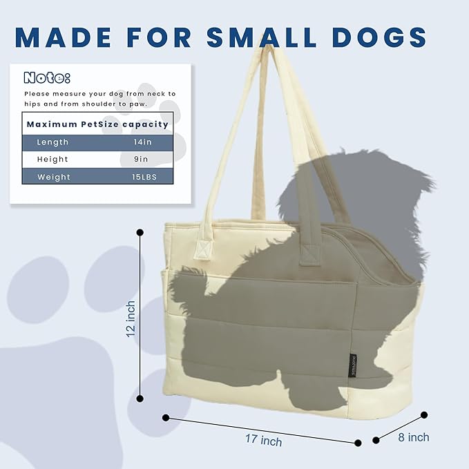 STRAODTIC Lightweight Dog Purse Carrier for Small Dogs Under 15 lbs, Puffy Quilted Pet Carrier Tote for Puppies with Safety Leash Clip, Women's Hands-Free Dog Carrier Bag for Travel/Shopping (Beige)