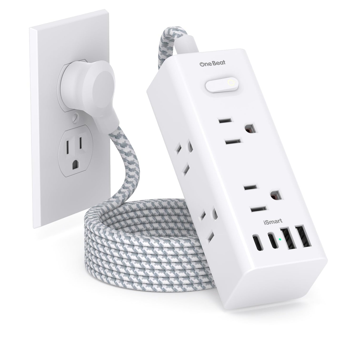 Power Strip Surge Protector - One Beat 6 Widely Outlets with 4 USB Ports (2 USB C), 5 Ft Extension Cord Flat Plug, Wall Mount Outlet Extender Small Power Strip for Travel Home Office College Dorm Room