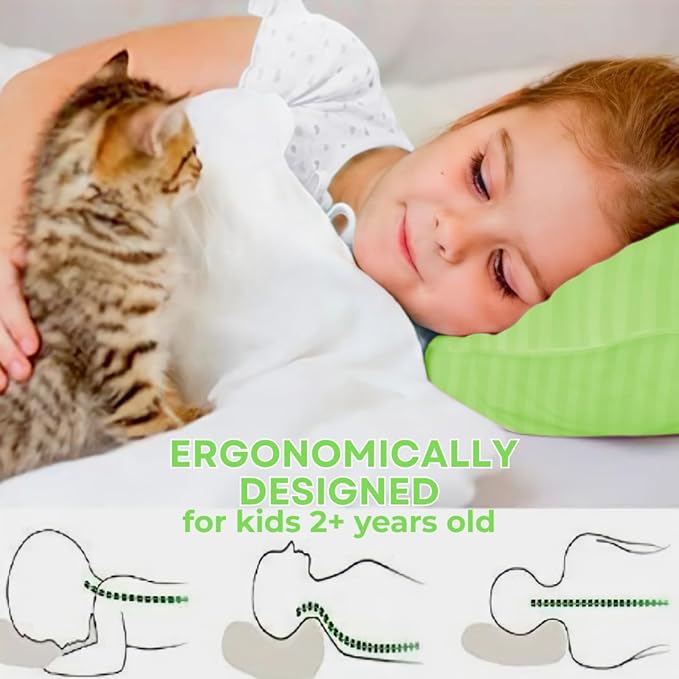 kinder Fluff Pre-Teen Pillows (2Pack) 17x26in - Pillows for Kids Age 12+, 100% Cotton Sateen Stripes 300T, Down Alternative Fill, Machine Washable - Children & Travel Cushion - Green - XL