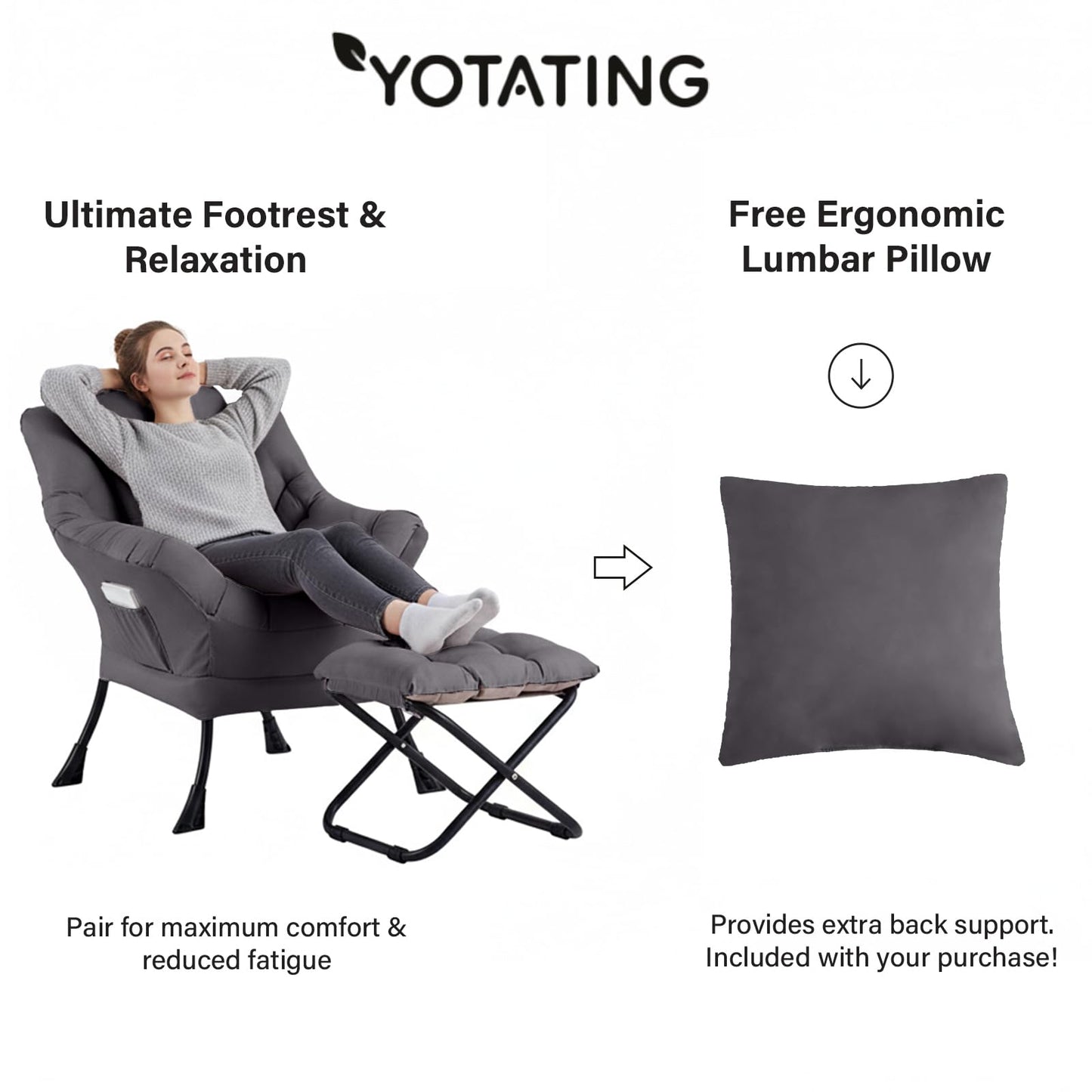 YOTATING Lazy Chair with Ottoman, Modern Accent Leisure Sofa Chair with Footrest Stool & Throw Pillow, Modern Lounge Chair with Armrests for Living Room, Dark Grey