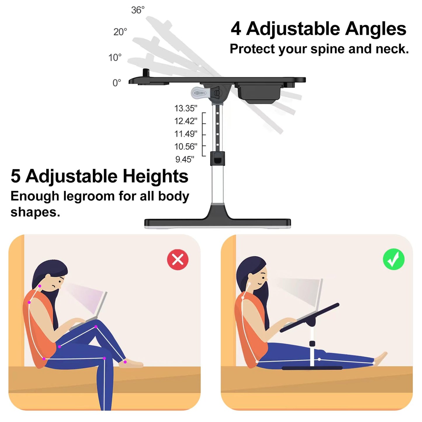HETTHI Laptop Stand for Bed, Adjustable Leather Bed Desk with Foldable Legs, X-Large Laptop Bed Table Tray with Drawer for Bed Couch Floor Writing Working Reading Eating Painting (Black, 23.6"×15.7")