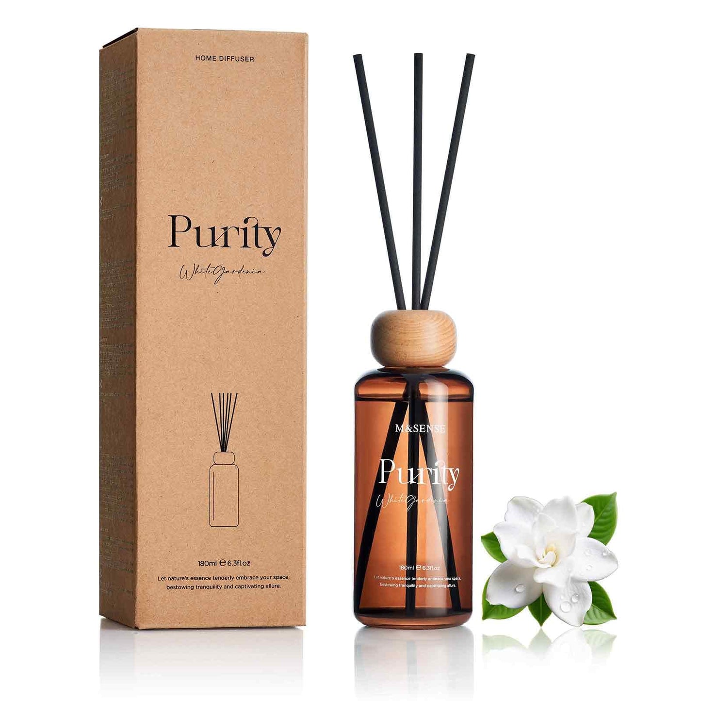 M&SENSE Reed Diffuser Set, White Gardenia Scented 6.3 fl oz Natural Essential Oil Diffusers with Sticks, Non-Toxic Organic Air Freshener, Long-Lasting Fragrance Oils for Home Office Bathroom Bedroom