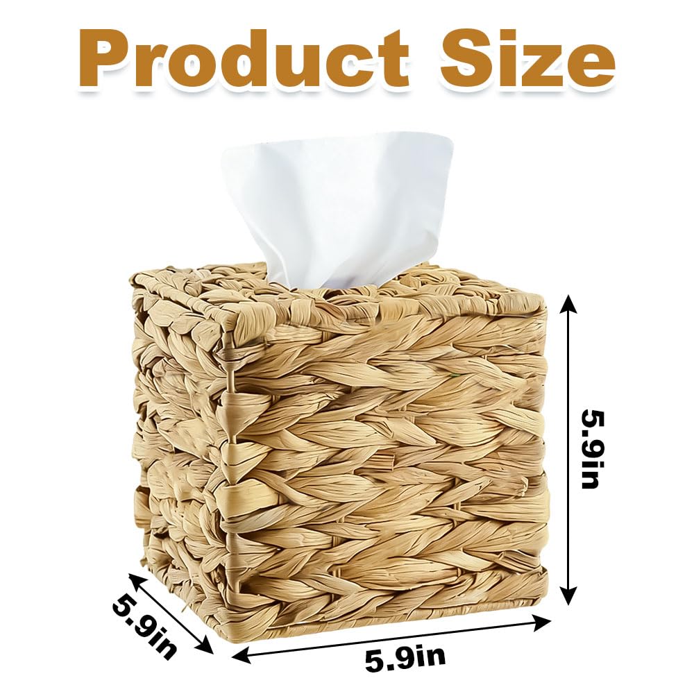 1 Pcs Water Hyacinth Handwoven Tissue Box Cover - Natural Handmade Wicker Napkin Holder, Square Facial Tissue Case, Rustic Boho Decor for Table, Bathroom, Office
