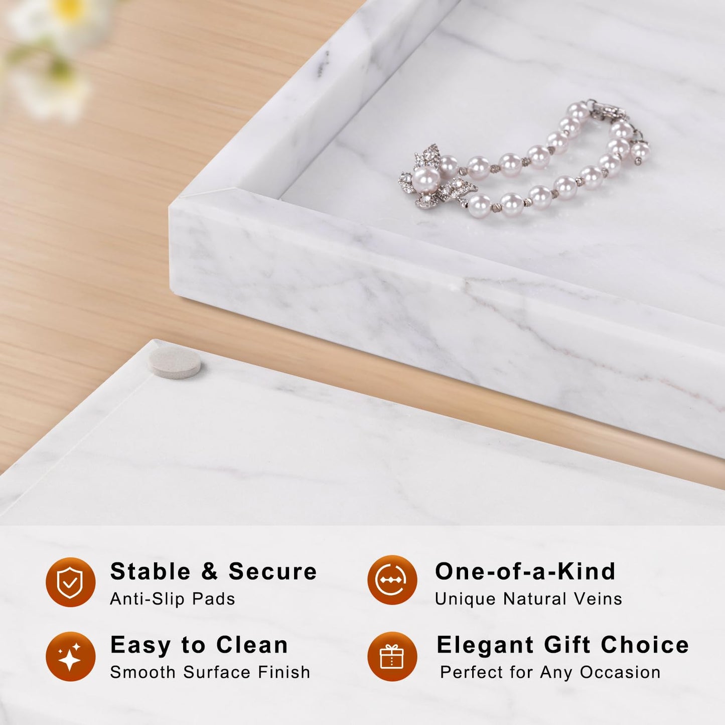 Homaura Marble Bathroom Tray for Countertop & Home Decor, Natural Decorative Marble Tray for Jewelry & Perfume Organizer, Luxury Stone Vanity Trays for Dresser, Kitchen Counter, 12" x 8", White