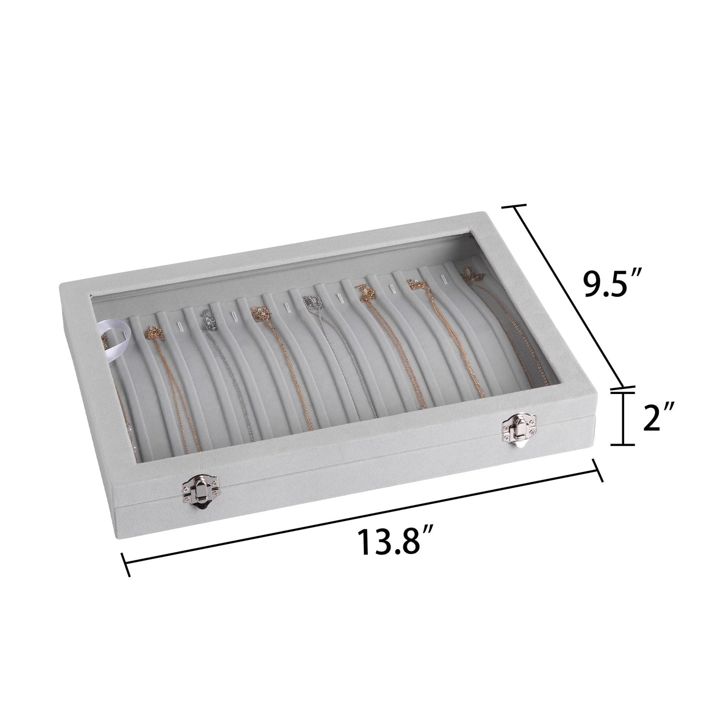 Frebeauty 15 Hooks Necklace Tray Velvet Neckalce Organizer with Clear Lid Lockable Necklace Holder Box Jewelry Organizer for Pendants Chains Necklace Jeweley Tray for Women Girls(Grey)