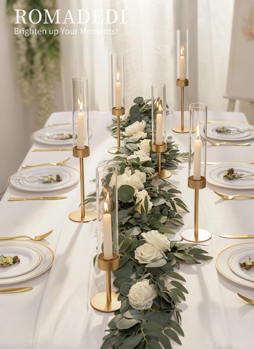 Glass Hurricane Candlestick Holders Gold - Romadedi Set of 6 Taper Candle Holder Bulk Tall Clear Glass Cylinder Table Centerpiece Wedding Decor Party Birthday Christmas Home Decorations
