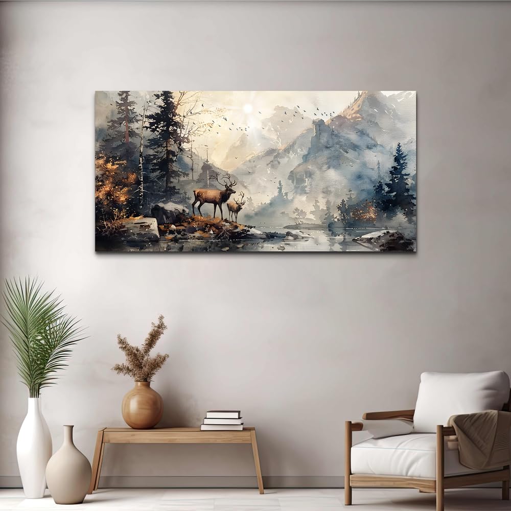 FUHAIHUA Canvas Wall Art For Living Room Large Wall Decor For Office Bedroom Wall Pictures Mountain Forest Landscape Ink Paintings Modern Poster Prints Artwork Room Home Decor Deer Mural 24x48 In