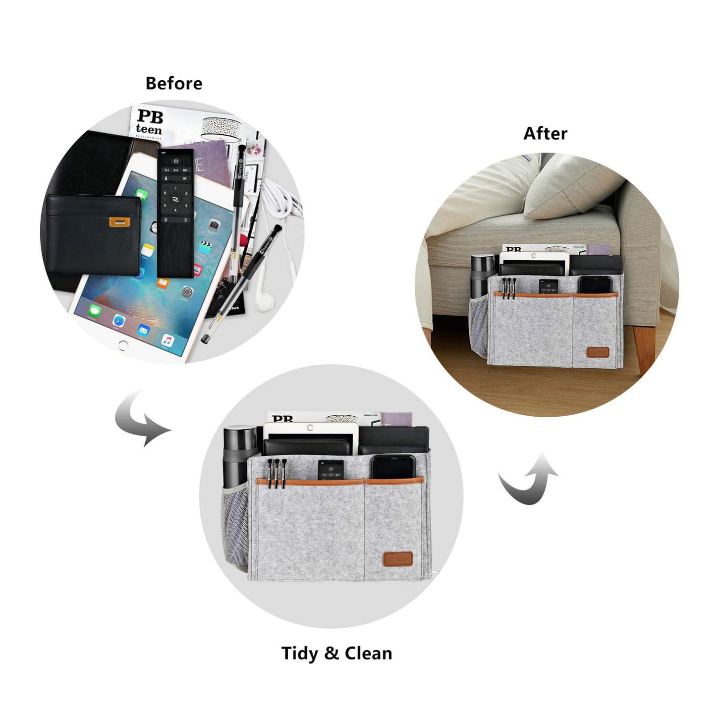 WantuSee Bedside Caddy, Felt Bed Storage Organizer Hanging Bag Holder with 5 Pockets, Magazine Book Phone Tablet iPad Cables Remote and Water Bottle Holder for Home Dorm Bed Sofa, Light Gray