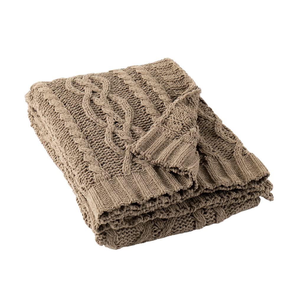 Battilo Camel Tan Throw Blanket for Couch,51"x67", Cable Chenille Knitted Throw Blankets for Bed, Sofa, Chair,Living Room, Soft Cozy Thick Warm Decorative Textured Blanket.