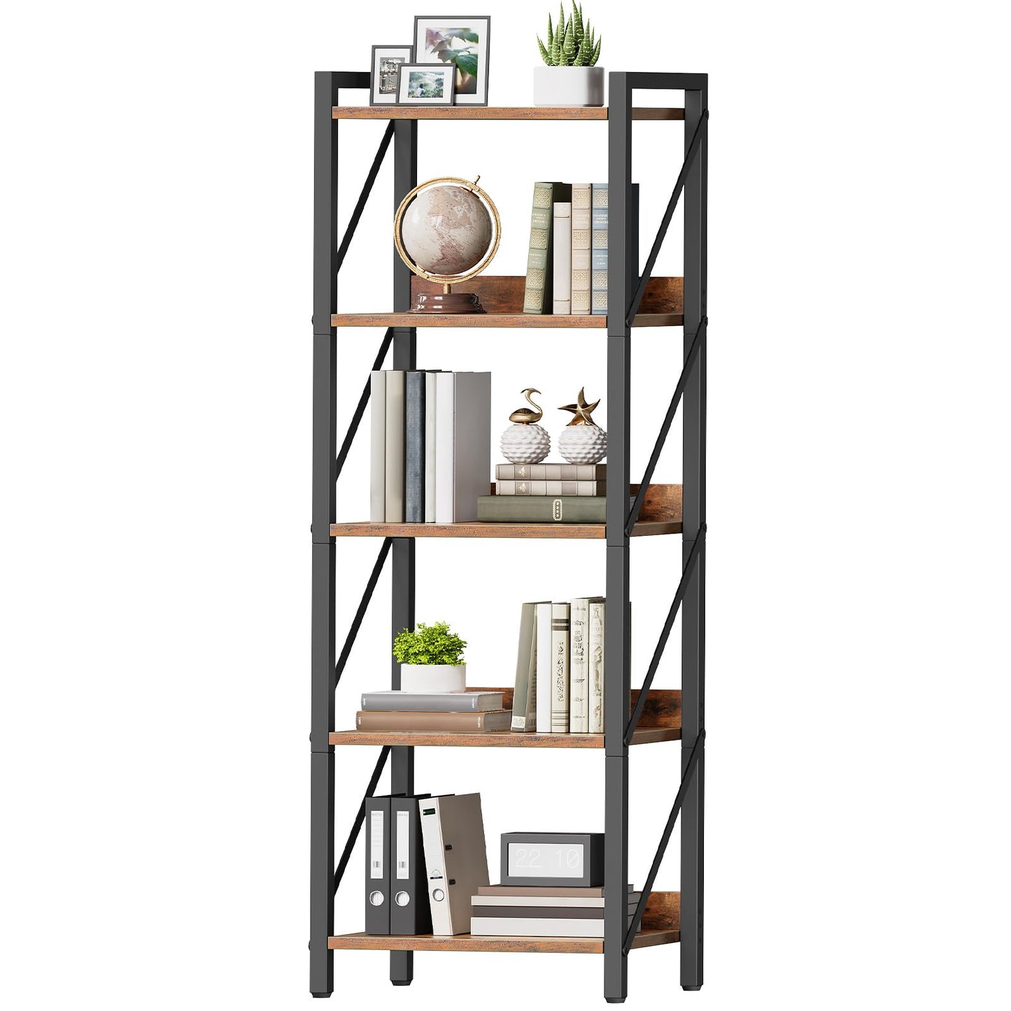 HOOBRO Bookshelf, 5-Tier Industrial Bookcase, Book Shelf Storage Organizer, Tall Bookshelf with Metal Frame for Living Room, Bedroom, Home Office, Kitchen, Rustic Brown and Black BF73SJ01