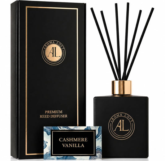 Aroma Loft Black Reed Diffusers for Home | Premium Fragrance Diffuser | Reed Diffuser Sticks in Oil Set with Cashmere Vanilla Scent | Smell Good Stuff | Long-Lasting Oil for Bathroom & Office (5 oz)