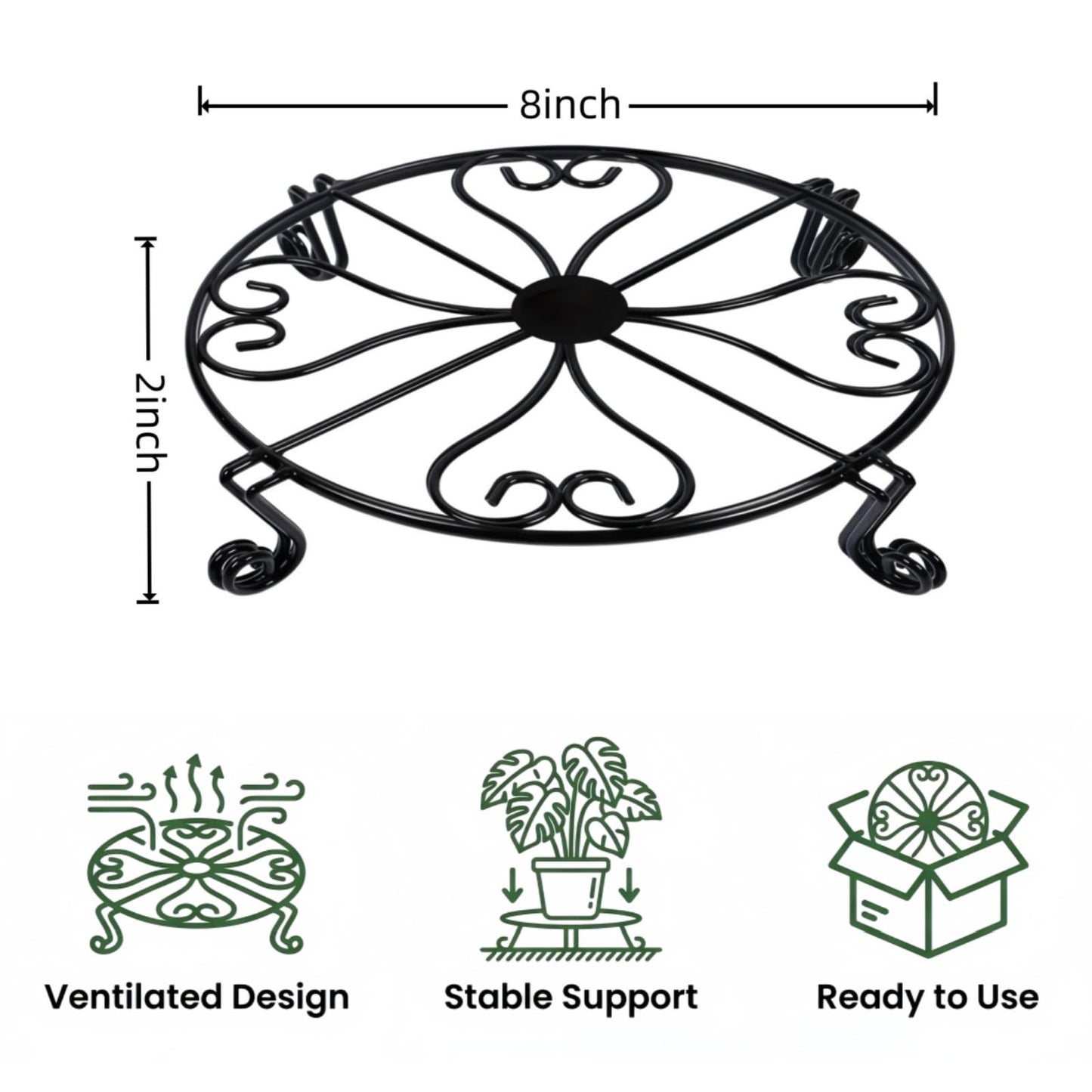 NSYOOMH 2 pack 8" Rustproof Black Metal Plant Stands Heavy Duty Plants Holder Outdoor Indoor, Round Wrought Iron Sturdy Flower Planter Pot Stand, Corner Gardening Inside Potted Plant Riser - 8Inches