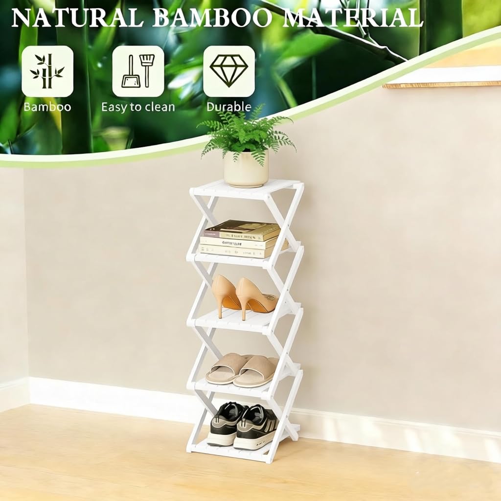 Bamboo Shoe Rack - No Assembly Required, Tall Narrow Foldable Shoe Organizer, Space-Saving Multifunctional Shelf for Entryways, Corners, Bedrooms, Balconies, 6 Layer White (Reinforced And Thickened )
