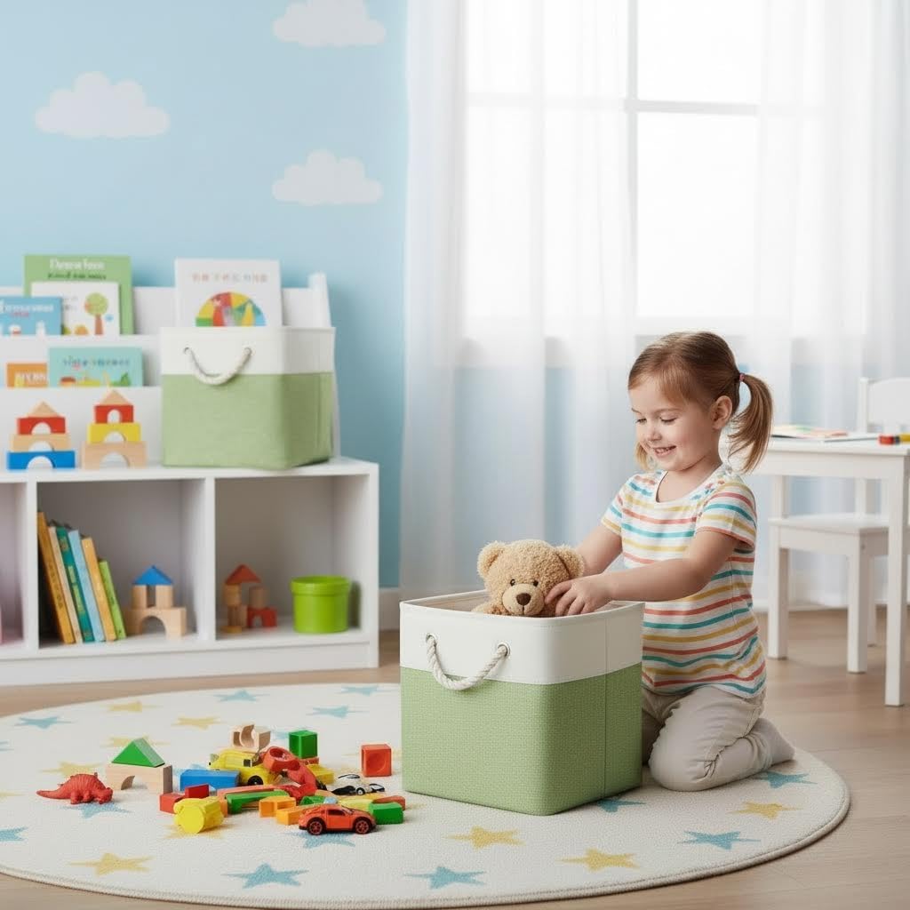 BOFUGA Cube Storage Bins, Collapsible Fabric Storage Cubes Bins, 11 Inch Cube Storage Bins with Handles, Foldable Storage Cubes (White/Green, 6Pack)