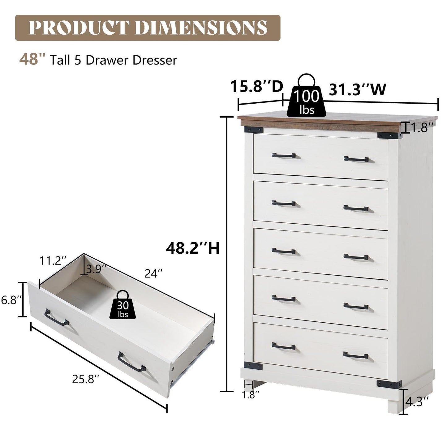AMERLIFE 5-Piece Farmhouse Bedroom Set, Rustic Wood King Bed Frame with 51" Tall Headboard, 6-Drawer Dresser, 5-Drawer Tall Chest, Nightstands Set of 2 with Charging Station, White