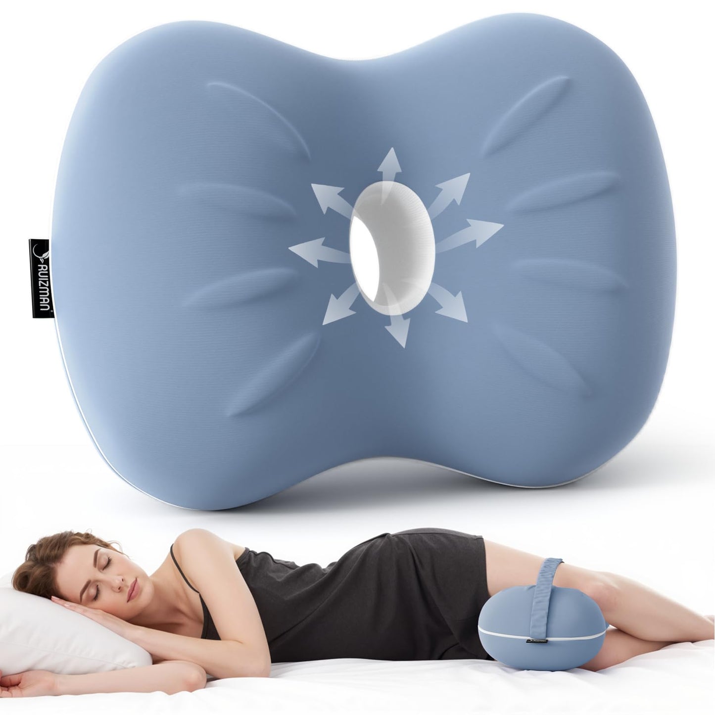 Ruizman Knee Pillow for Side Sleepers - Cooling Pillow Between Legs for Side Sleeping - Memory Foam Knee Pillow with Strap for Hip Pain & Spine Alignment (Blue)