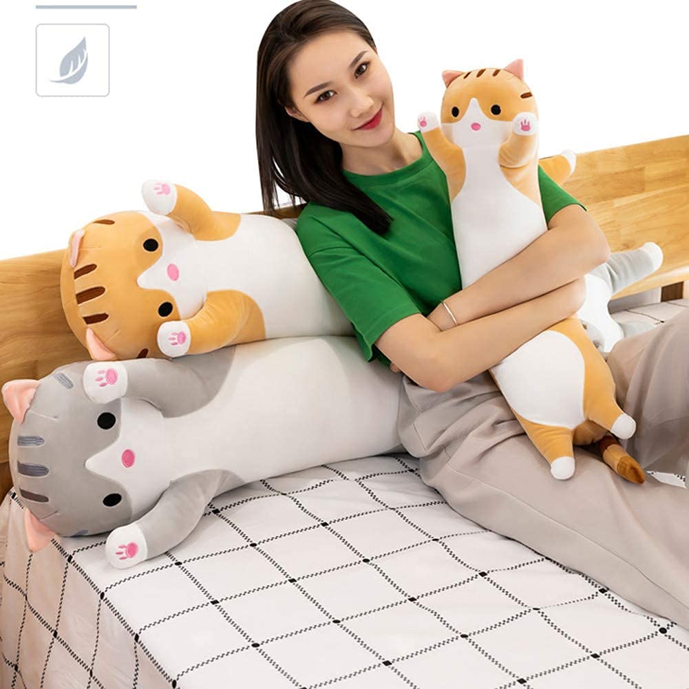 Oeonuas Cute Cat Plush Long Body Pillow Cuddle Cartoon Stuffed Animals Cat Plushie Soft Doll Pillows Gifts for Kids Girls (Orange, 27")