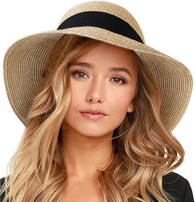 FURTALK Womens Beach Sun Straw Hat UV UPF 80+ Travel Foldable Brim Summer UV Hat