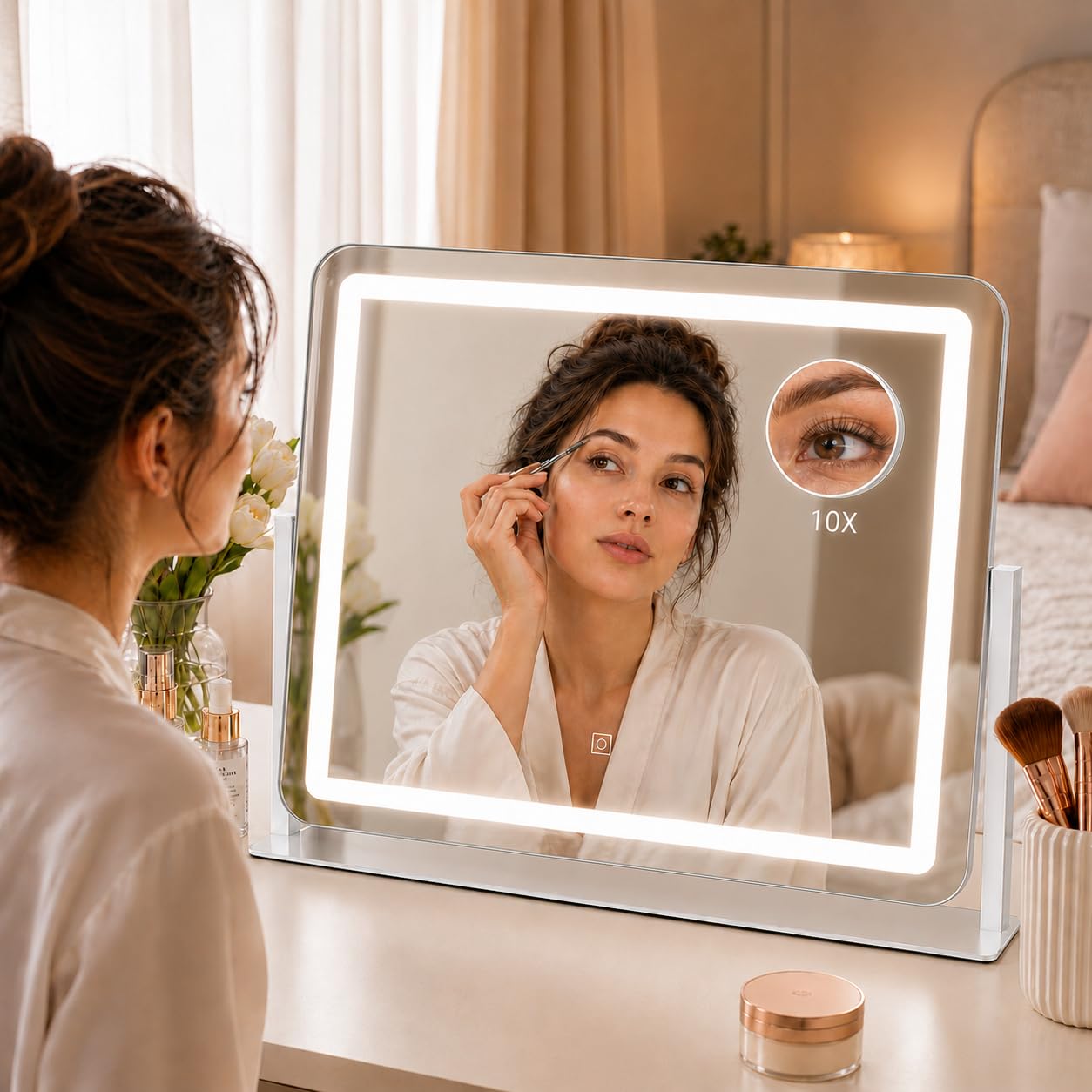 HNV 22"x17" Lighted Vanity Mirror, 3-Color Dimmable LED Makeup Mirror with Power Adapter, Sturdy Aluminum Frame 360° Rotating Desktop Mirror, White