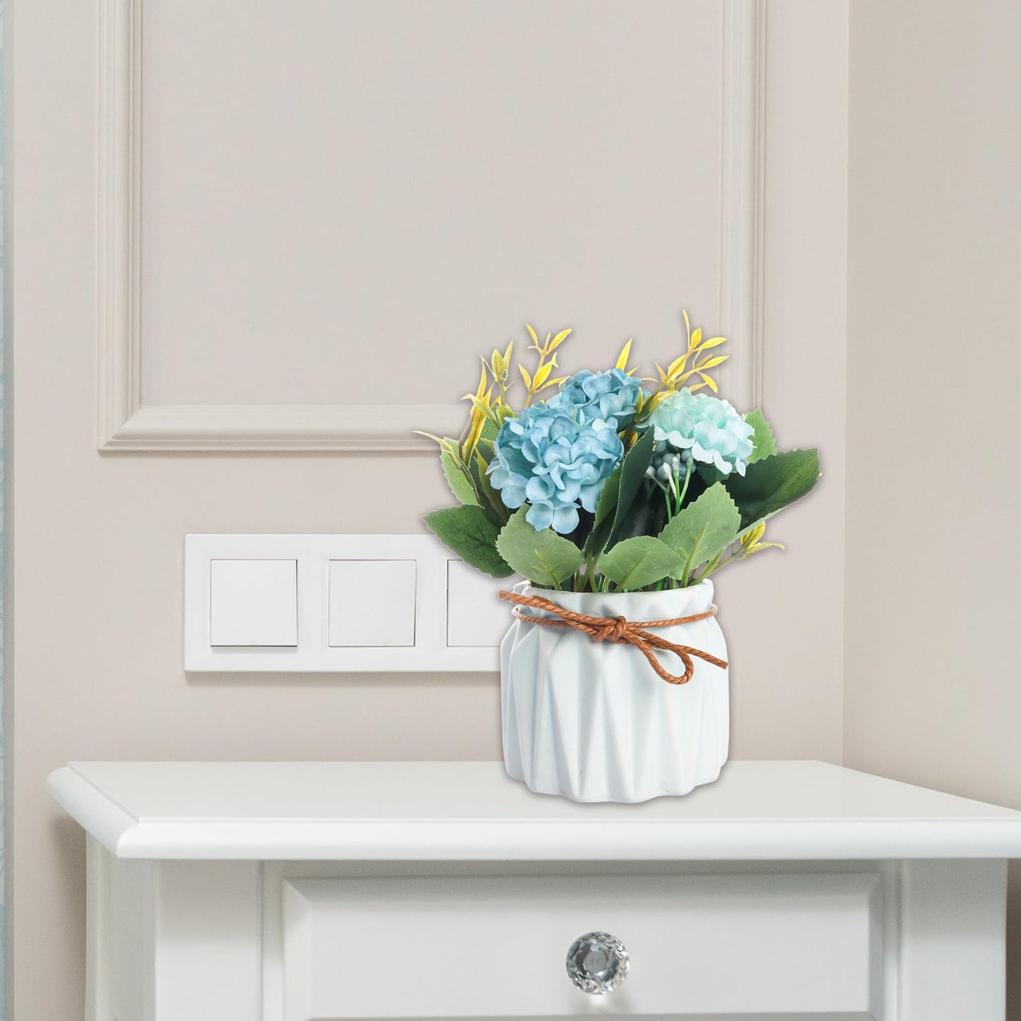 Fumwase Artificial Hydrangea Bouquet with Small Ceramic Vase Artificial Flower Plants Mini Fake Hydrangea Flowers Decoration Indoor for Home Office Table Bedroom Living Room Party (Blue)