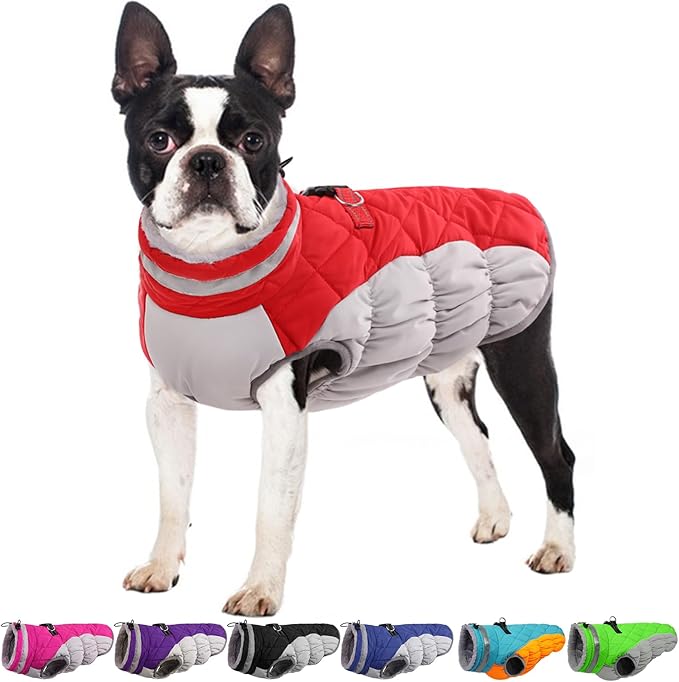 OUOBOB Dog Jackets for Medium Dogs,Medium Dog Coat,Warm Pet Winter Coat Zip Up Back,Waterproof Dogs Jacket with D-Ring,Pet Cold Weather Coats with Fleece Lined, Snowsuit Pug Boston Terrier,Red,M