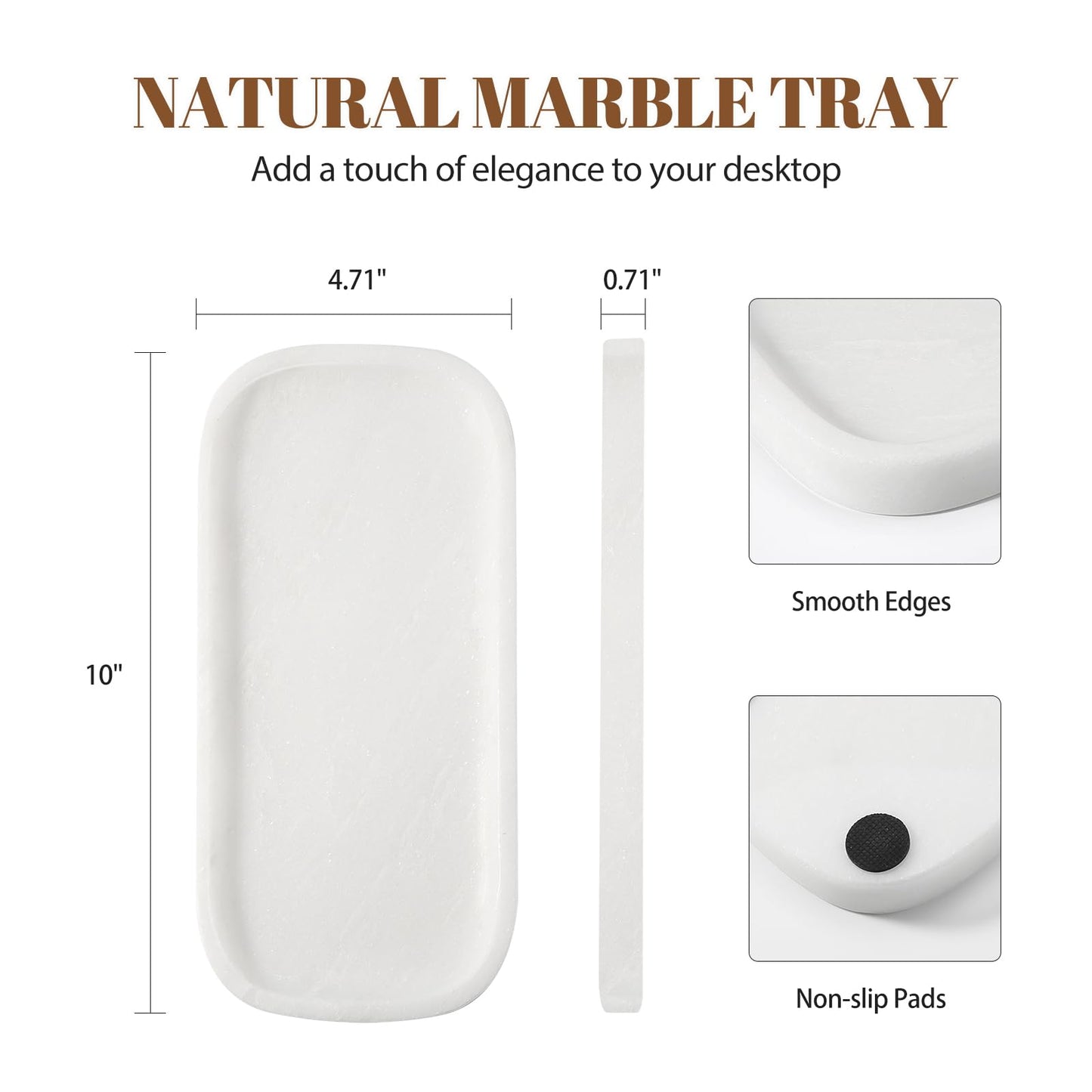 Koville Marble Tray, 10"x5" Marble Vanity Tray for Bathroom Countertop Kitchen Sink, Rectangular Stone Tray for Perfume Fragrance, Decorative Catchall Tray Jewelry Cosmetics Organizer(White)