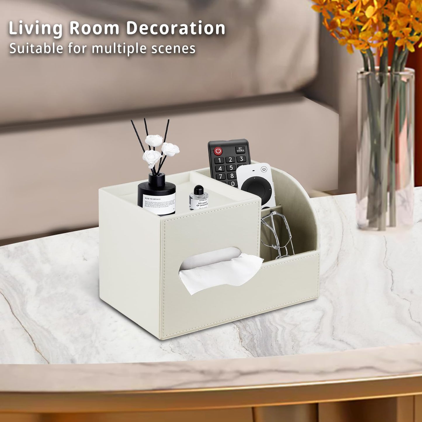 PU Leather Tissue Box Cover Square,Tissue Box Holder Organizer with Storage Tray and Remote Control Holder for Bathroom Countertop Night Stands Bedroom Office Desk,Napkin Caddy Decorative White