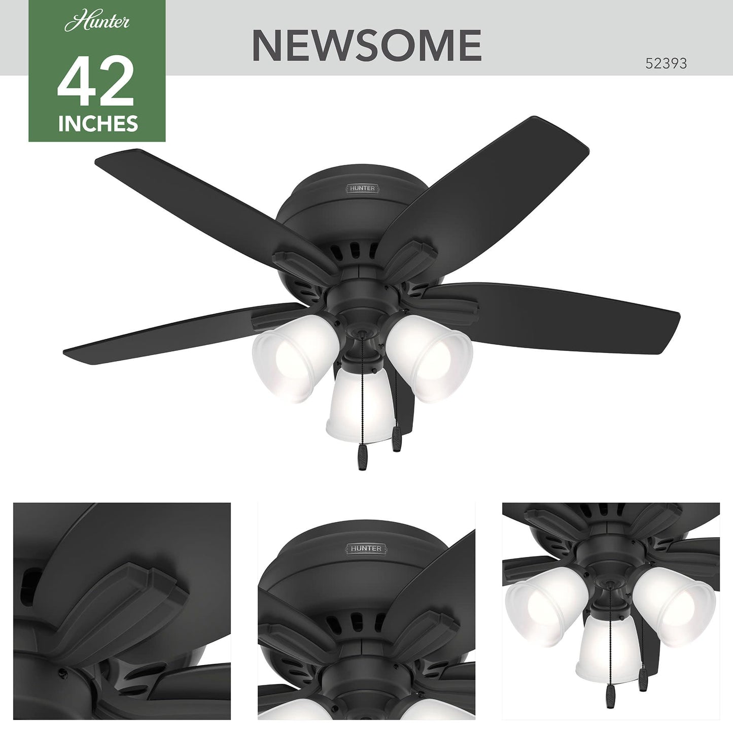 Hunter 42 inch Indoor Ceiling Fan with LED Lights - Black Ceiling Fan with Pull Chain, For Bedroom or Living Room, Low Profile Flush Mount, No Remote, 5 Blades - Newsome 52393, Matte Black