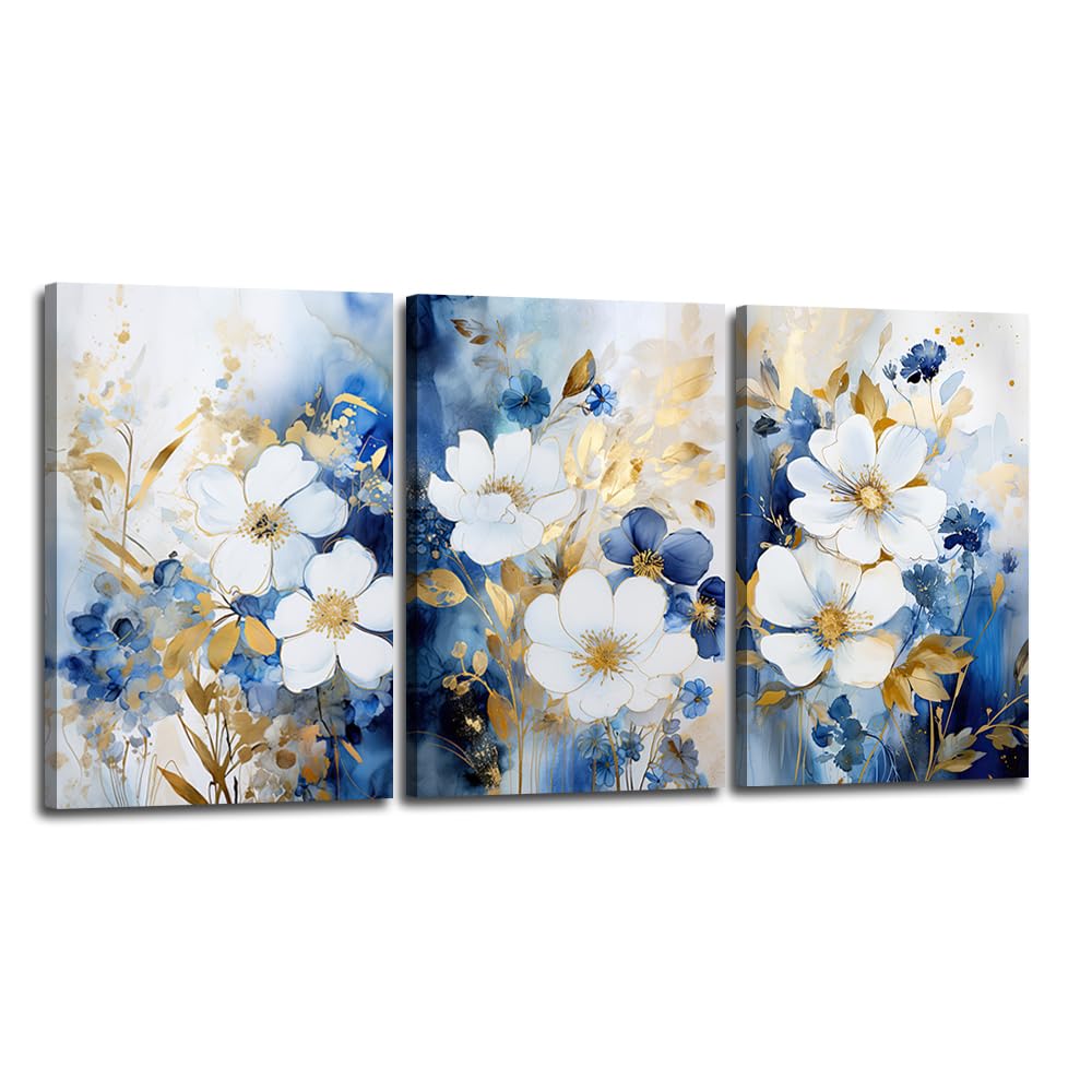 Abstract Flower Canvas Wall Art 3 Pieces Blue and Gold Floral Picture Wall Art Blooming Botanical Painting Prints Bedroom Decors(Flowers-5,12x16inchx3 Pieces (30x40cmx3 Pieces))