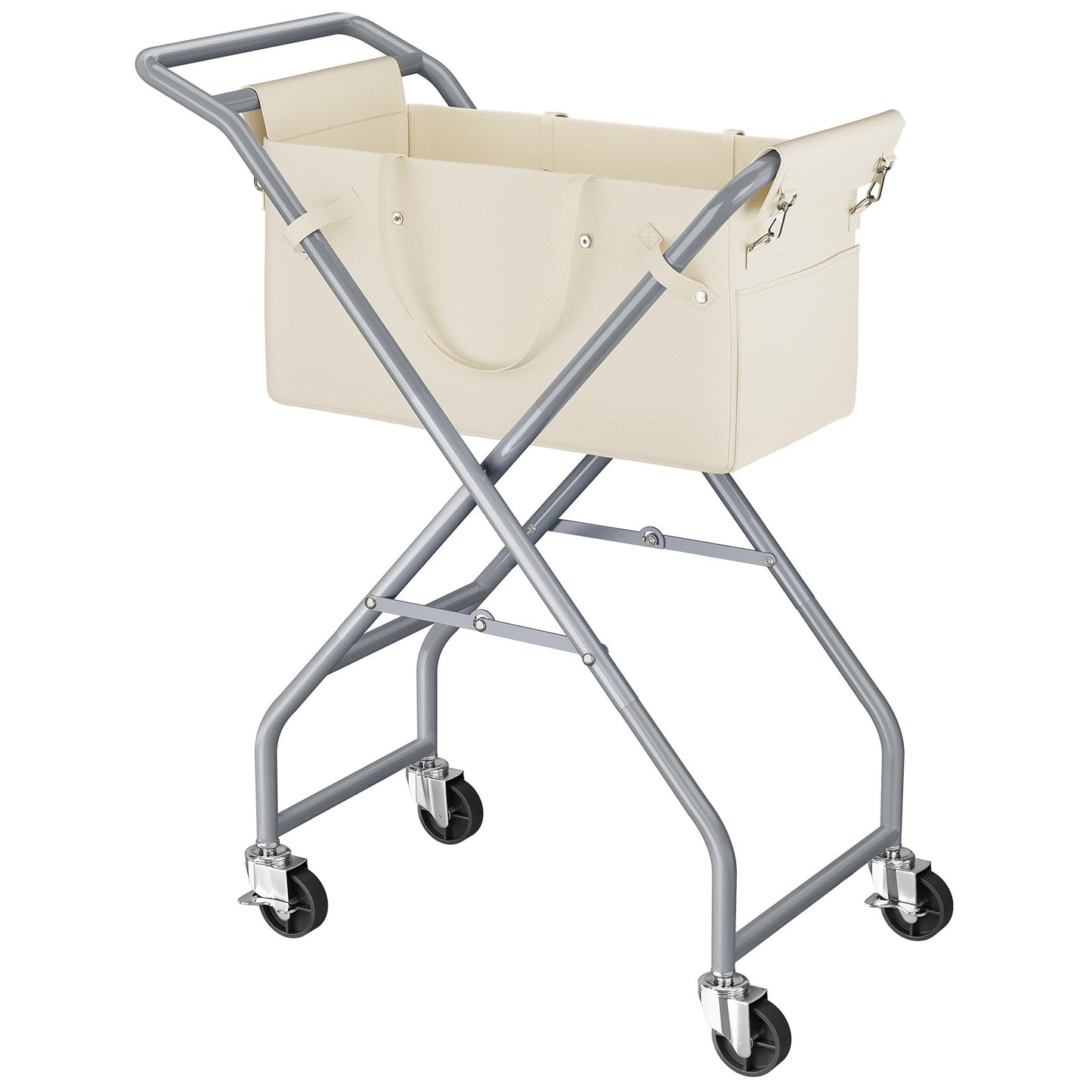 No-Bend Laundry Cart- Rolling Hamper with Locking Wheels & Handle, Foldable Basket Screw-Free Assembly, Durable Metal Frame & Removable Liner Bag for Bedroom & Bathroom (Beige)